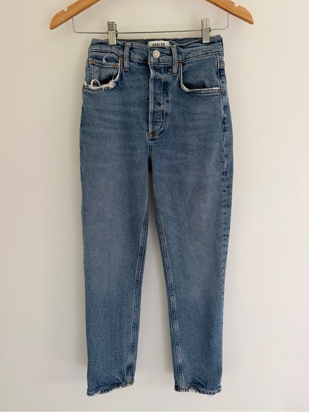 AGOLDE Riley Crop Straight Jeans Size 23 High Rise Distressed Pocket Raw Hem